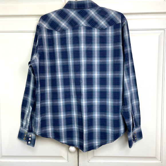 Vintage Wrangler Women’s American Cowboys Plaid Snap Western Shirt Sz L Blue - Picture 2 of 12